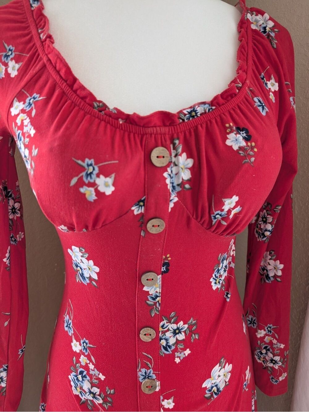 Cottagecore Red Floral Long Sleeve Dress - Picture 2 of 4